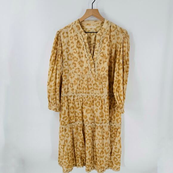 Lola Australia Leopard Print Cotton Boho Tiered Midi Dress Tan Beige Size M - Picture 1 of 9